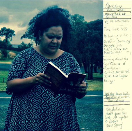 Image of a participant sharing a reading from Black Emu, the book she carried on the Walking Library for Women Walking walk in Geelong (Australia), 16 November 2017