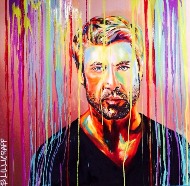 Brightly coloured painting of bearded man overlaid by paint streaks.