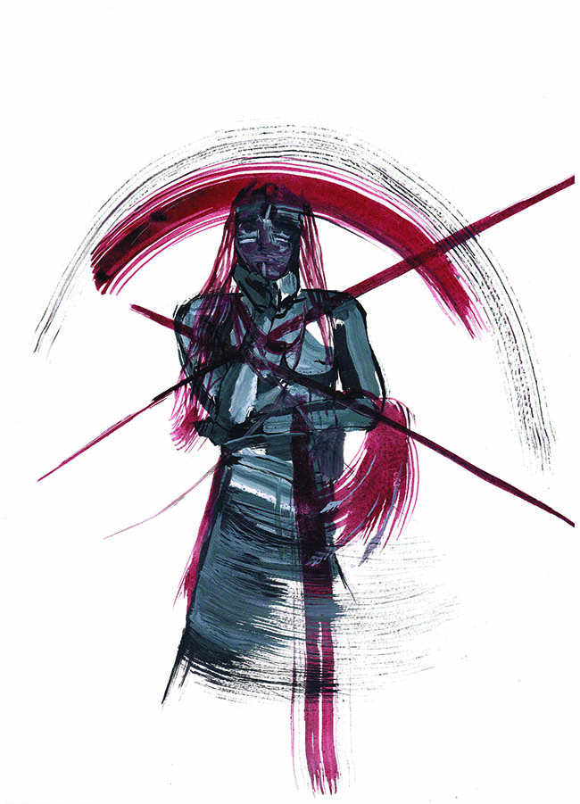 Long-haired samurai with red top border and crossed swords over body.