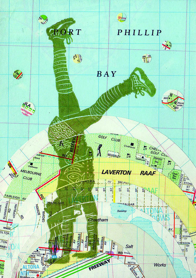Green print of handstanding girl on map collage.