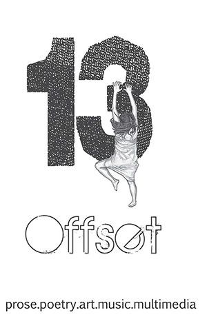 Offset 13 cover showing a drawing of a girl in a dress climbing at the 3 of number 13